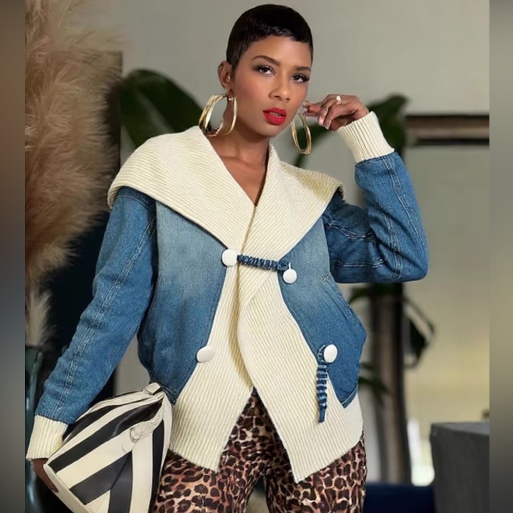 Denim & Ivory Rib-Knit Shawl Collar Jacket | Cross-Front Button Coat (S–XL)